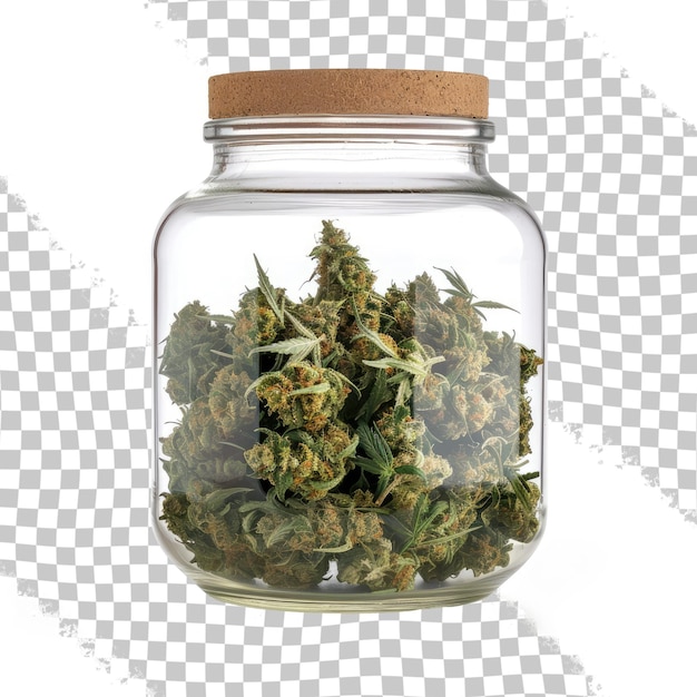 PSD un pot en verre avec un tas de marijuana verte et brune dedans