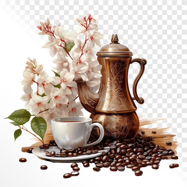 PSD pote de café com flores e grãos de café sobre um fundo branco