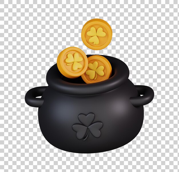 Pote de moeda de ouro com um símbolo de trevo de três folhas isolado Ícone de feliz dia de São Patrício renderização 3D