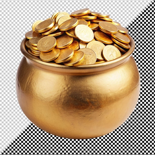 Pote de ouro cheio de moedas de ouro em fundo transparente
