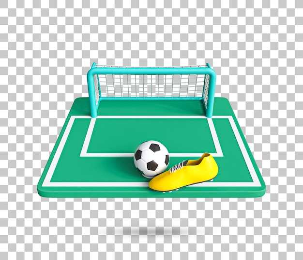 Poteau de but de football, balle, icône 3d de chaussures de football. Ballon de football réaliste, barre de but, icône de chaussure.