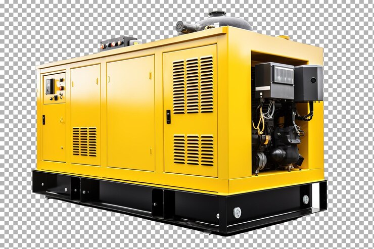 PSD potente generatore giallo che fornisce un'alimentazione energetica affidabile per il progetto di costruzione al tramonto su sfondo bianco o png trasparente