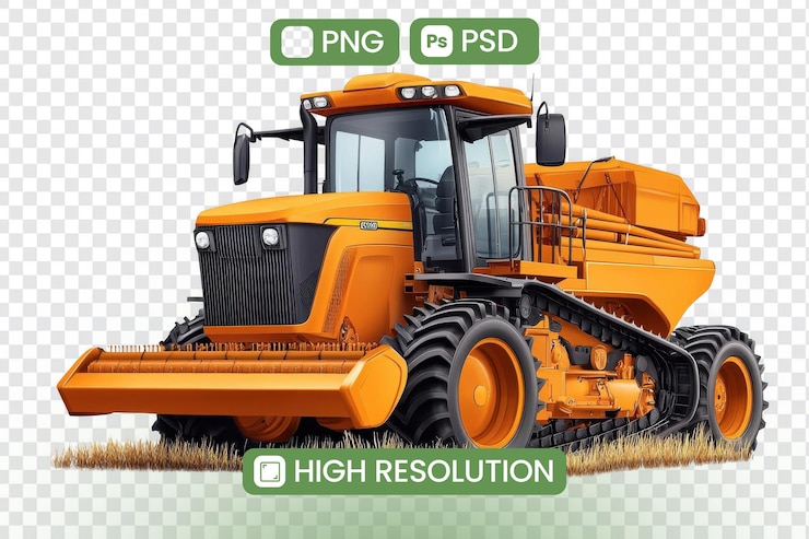 PSD potente trattore agricolo che raccoglie le colture in modo efficiente in un campo file png e psd ad alta risoluzione disponibili per il download che vantano tecnologia avanzata e design per prestazioni agricole ottimali