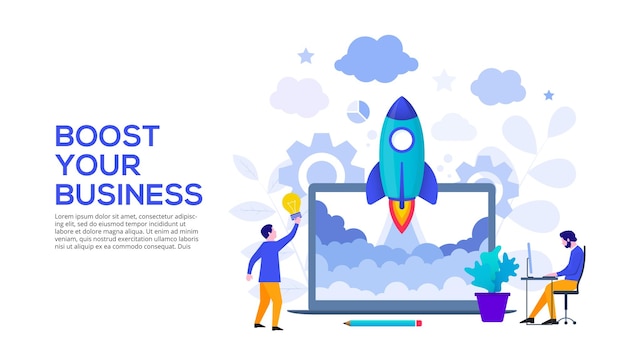 Potenzia il tuo concetto di business con laptop e personaggi Rocket Illustrazione piatta