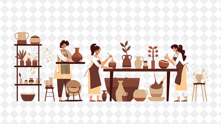 PSD poterie rustique avec des personnages créer et concevoir de la poterie png les gens dans l'illustration du travail quotidien