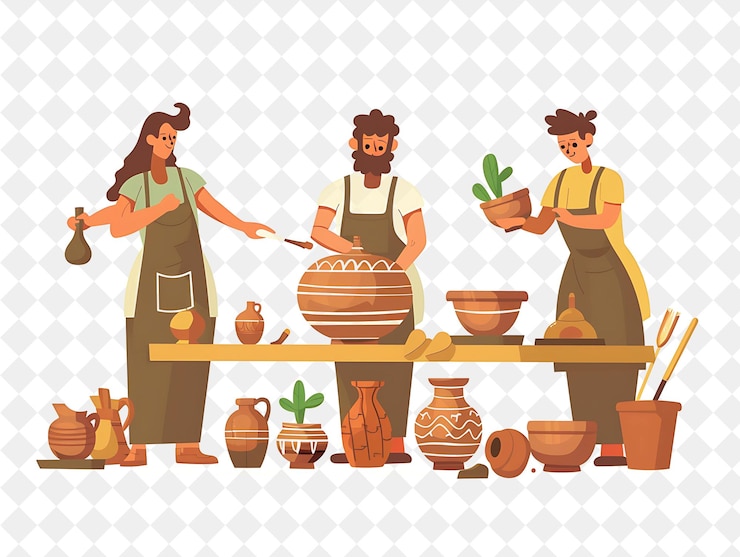 PSD poterie rustique avec des personnages créer et concevoir de la poterie png les gens dans l'illustration du travail quotidien