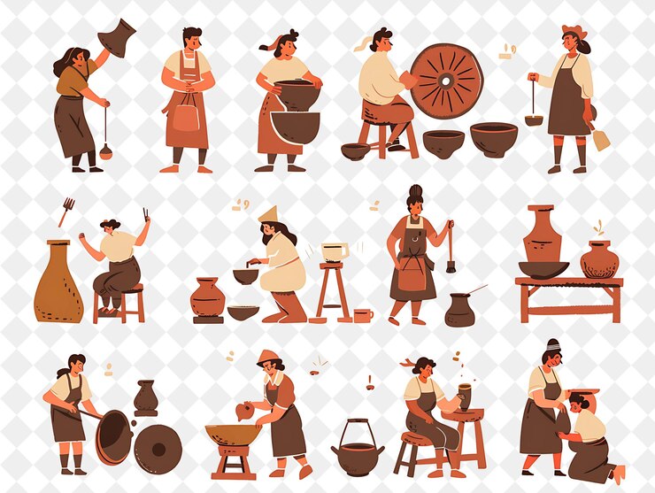 PSD poterie rustique avec des personnages créer et concevoir de la poterie png les gens dans l'illustration du travail quotidien