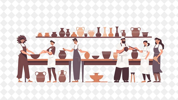 PSD poterie rustique avec des personnages créer et concevoir de la poterie png les gens dans l'illustration du travail quotidien