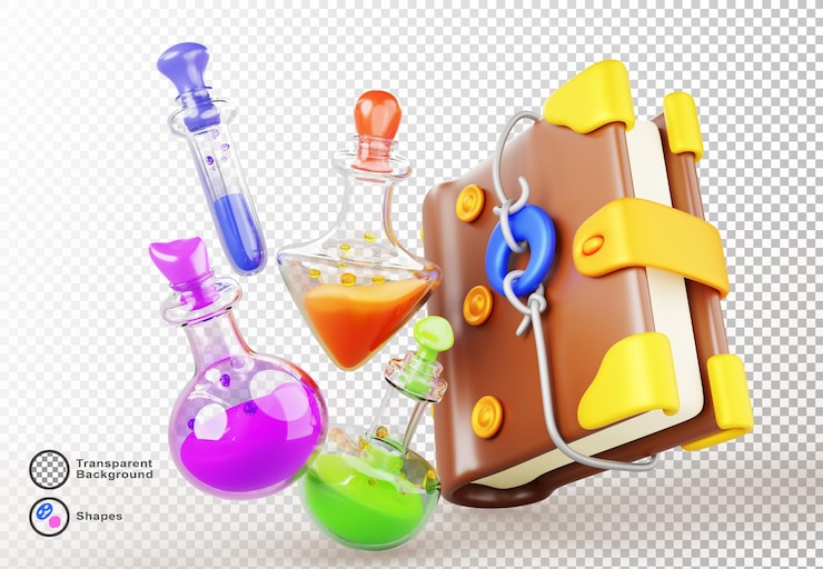 PSD potions magiques et livres de sorts sorcellerie bannière 3d alchimie fantastique grimoire avec élixir ou poison journal de sorcière ou sorcier et flacons de laboratoire en verre avec liquide de couleur icônes de rendu de dessins animés