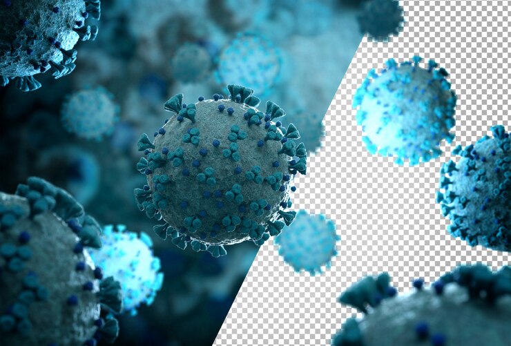 PSD potongan close-up mikroskopis dari penyakit coronavirus covid-19