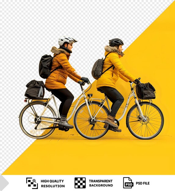 PSD potrait active sporty people bicycling in the morning with one wearing a white helmet and carrying a black backpack while another wears a yellow coat and carries a black bag