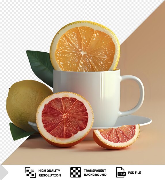potrait assorted raw citruses and mug of coffee on a transparent background accompanied by green leaves and oranges with a white handle visible in the background png