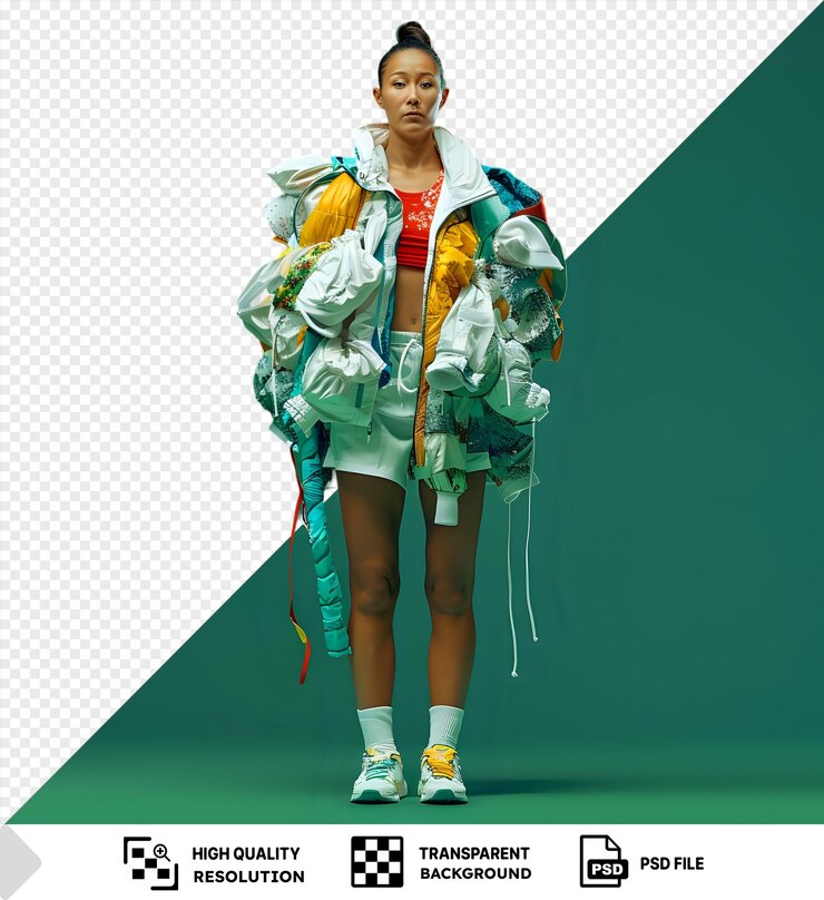 PSD potrait sport woman wearing a jacket and white socks stands in front of a blue and green wall holding a blue bag in her left hand and a white string in her right hand her