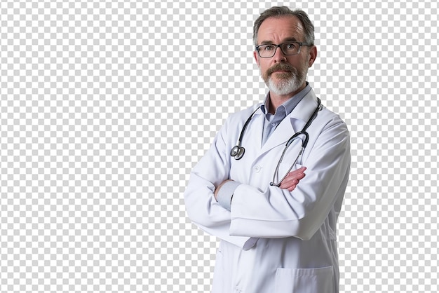 potret seorang dokter dengan jas lab dan stetoskop dengan latar belakang putih terisolasi