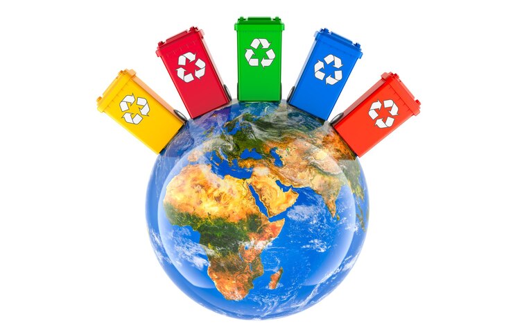 PSD des poubelles de recyclage avec un rendu earth globe 3d isolé sur un fond transparent