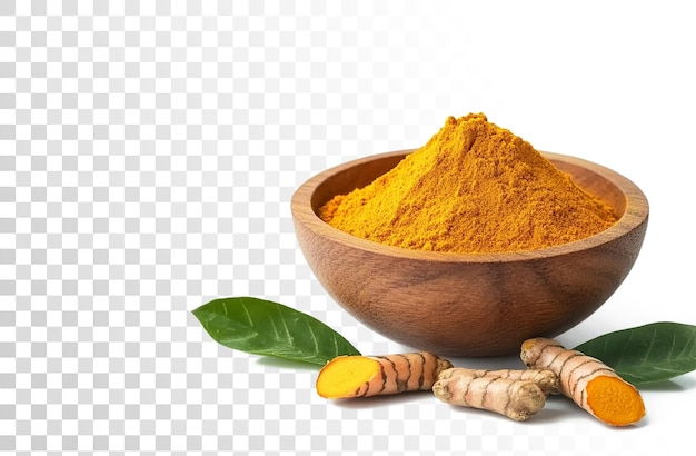 Poudre de curcuma dans un bol en bois avec du curcuma sur un fond transparent