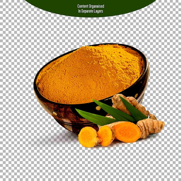 Poudre de curcuma dans un bol isolé sur fond transparent