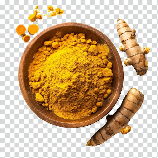 poudre de curcuma sur fond transparent