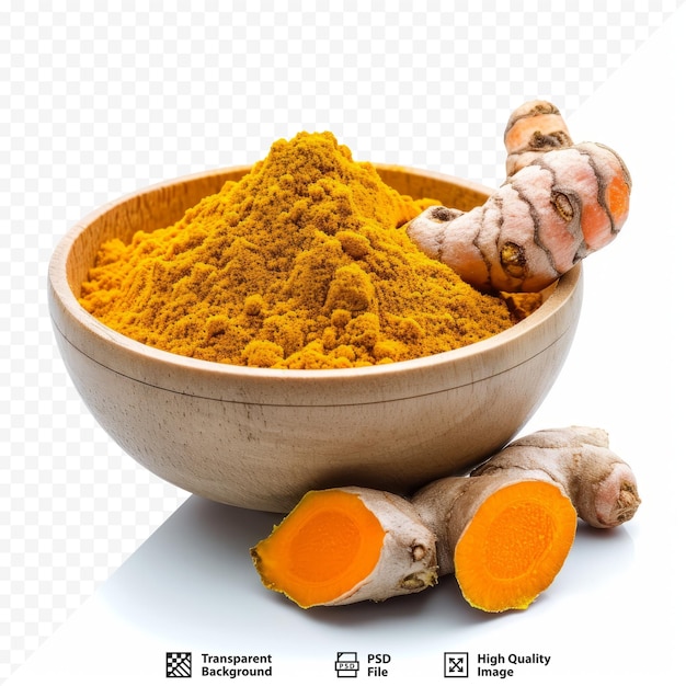 PSD poudre de curcuma avec racine de curcuma fraîche en blanc