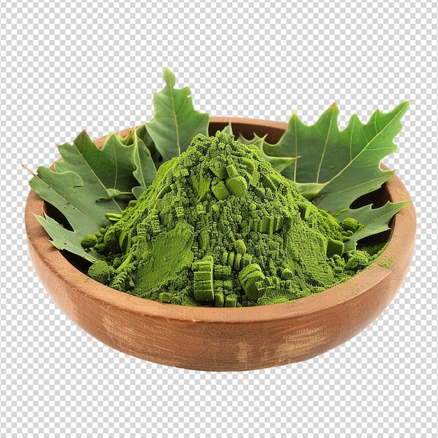 PSD poudre de feuilles de neem dans un bol en bois isolée sur un fond transparent