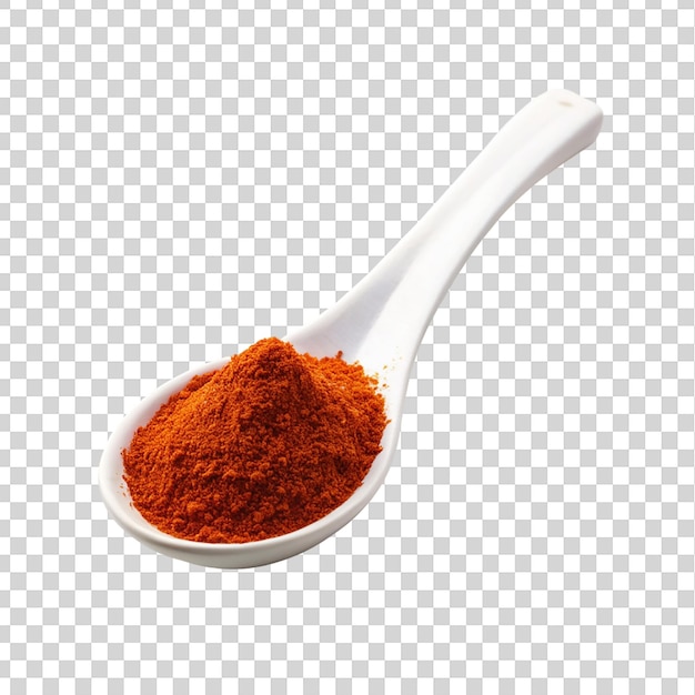 PSD poudre de paprika dans une cuillère blanche isolée sur un fond transparent