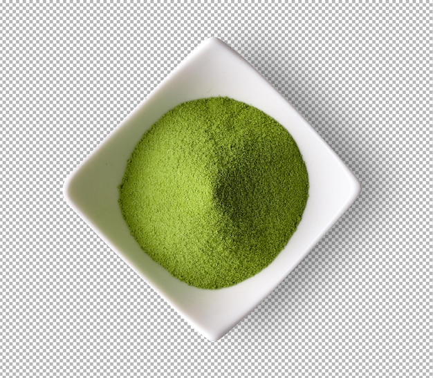 Poudre de thé vert matcha dans un bol sur couche alpha