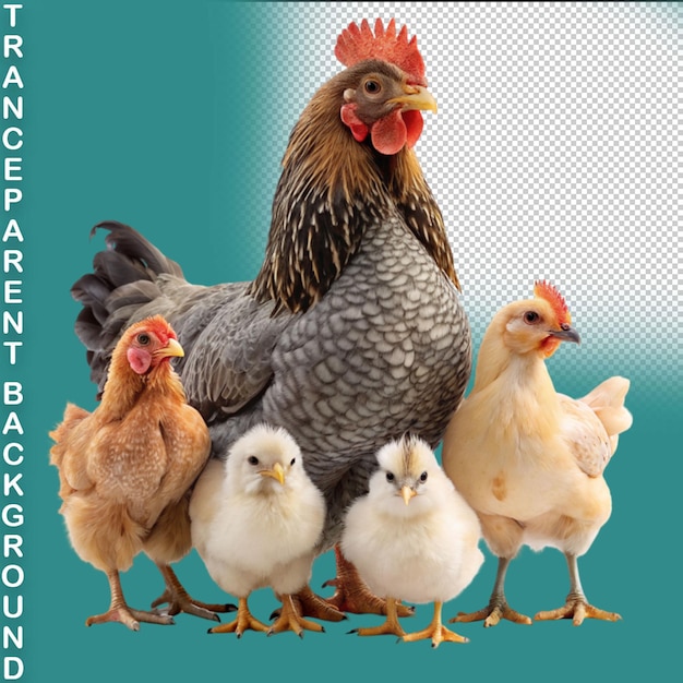 PSD poule brune avec ses poussins sur un fond transparent