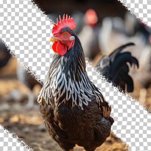 PSD une poule de couleur foncée est vue avec d'autres poules domestiques dans un poulailler en gros plan mettant l'accent sur la reproduction sélective espace vide pour le texte arrière-plan transparent