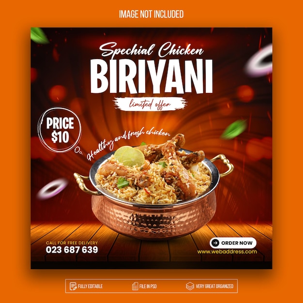 Poulet Biryani Modèle de conception de publication Facebook et Instagram psd premium