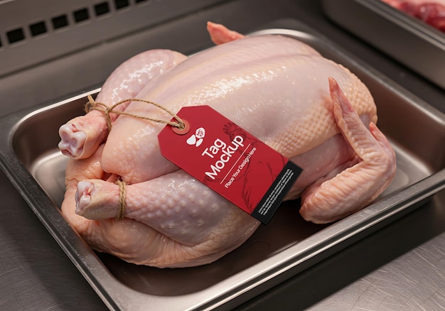 Un poulet entier cru dans un plateau en acier inoxydable prêt à cuisiner une maquette culinaire avec un prix