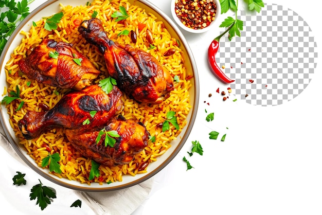 Poulet Grillé Mandi Rice Nourriture Arabe Vue De Haut Isolée Sur Un Fond Transparent