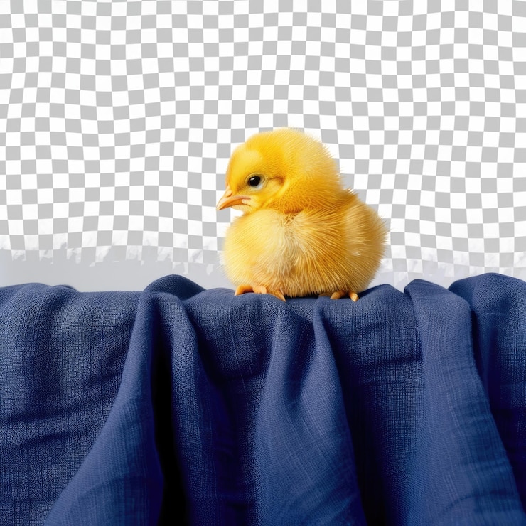 PSD un poulet jaune est assis sur un tissu bleu