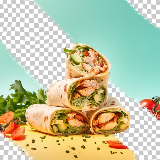 PSD poulet et légumes frais enveloppés dans des tortillas présentés sur fond transparent