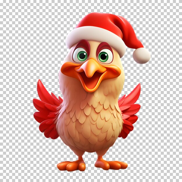 PSD un poulet mignon et drôle portant un chapeau de père noël pour l'illustration de noël à fond transparent