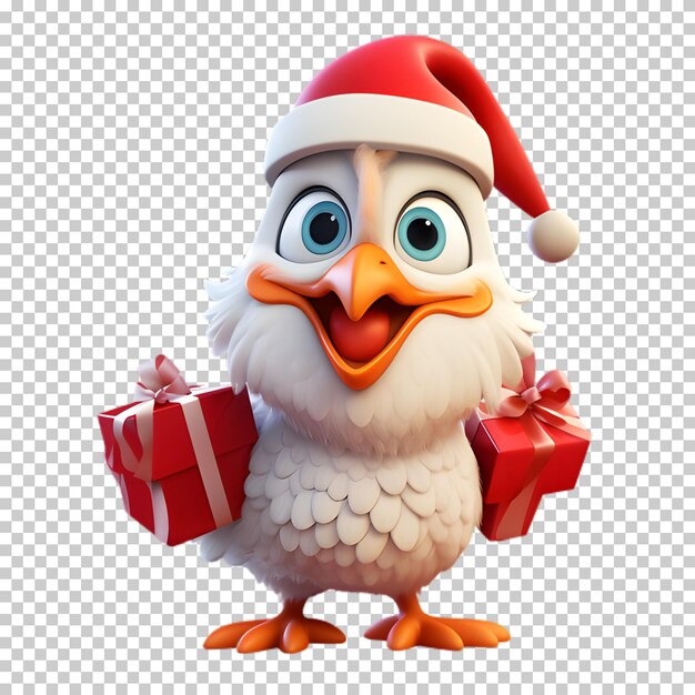 PSD un poulet mignon et drôle portant un chapeau de père noël pour l'illustration de noël à fond transparent