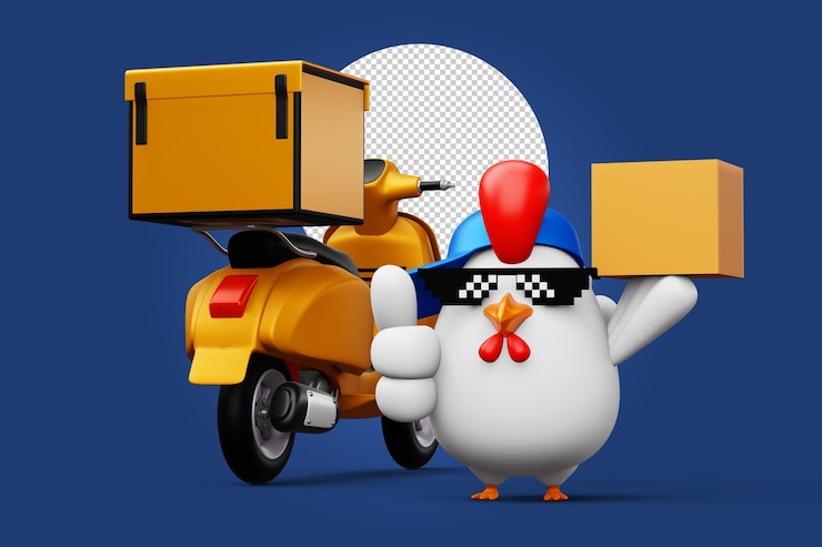 PSD poulet mignon tenant un poulet de livraison de boîte de colis rendu 3d