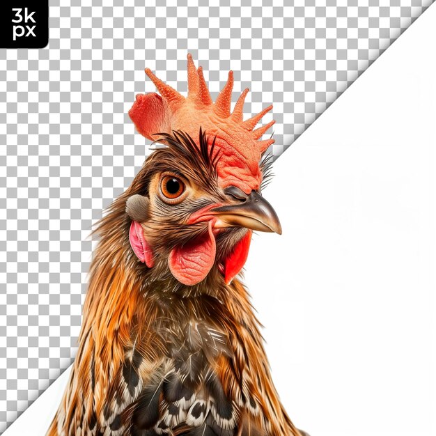 PSD un poulet avec un peigne rouge sur la tête se tient devant une grille qui dit h k