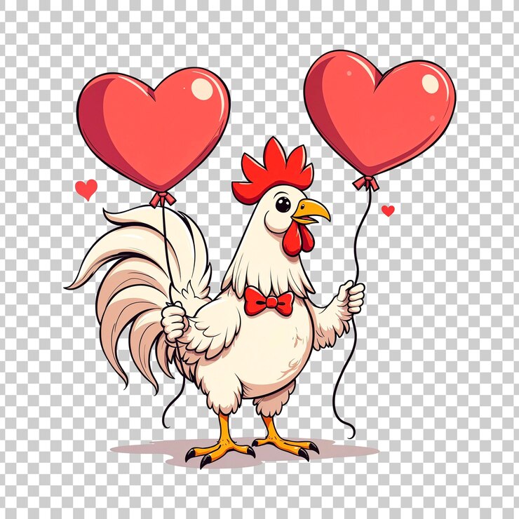PSD un poulet tenant des ballons de cœur d'amour sur un fond transparent