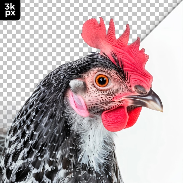 PSD un poulet avec une tête rouge et un fond noir et blanc