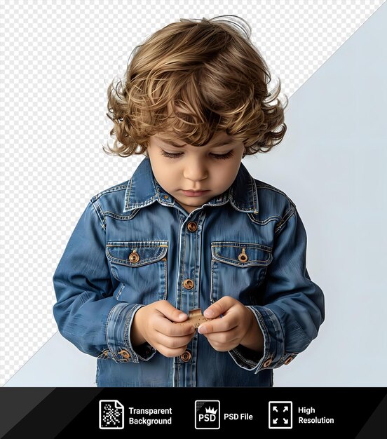 Poupança na forma de um menino com cabelo loiro e um nariz pequeno vestindo um jeans e jaqueta azul com um bolso azul de pé na frente de uma parede branca png psd