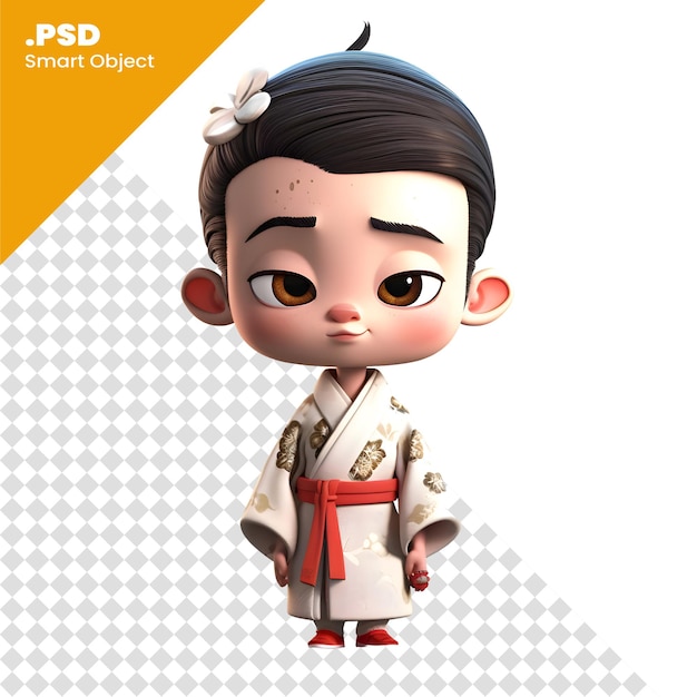 Poupée Kokeshi En Kimono Traditionnel ; Modèle Psd De Rendu 3d