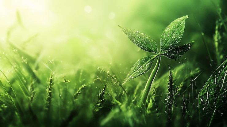 PSD des pousses déchiquetées dans l'herbe verte luxuriante éclairée par le soleil