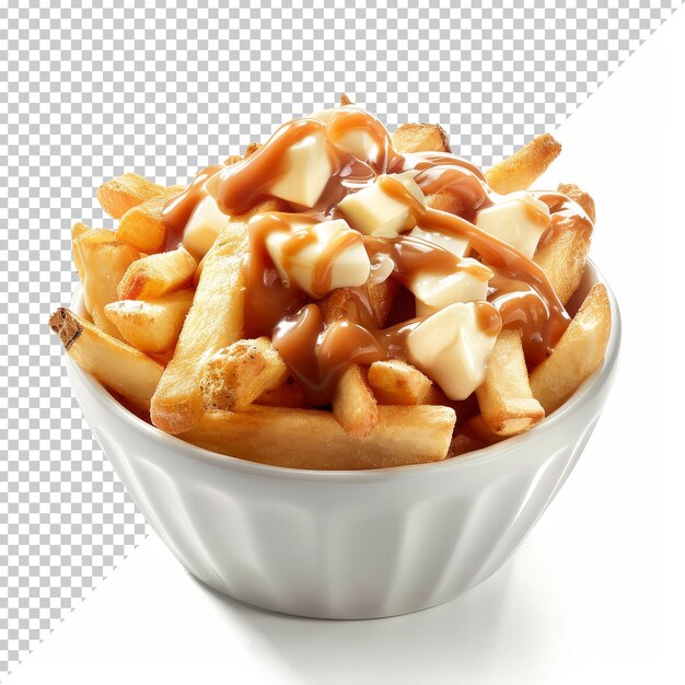 Poutine deliciosamente servido con patatas fritas crujientes cuajada de queso fresco y salsa salada en un cuenco blanco