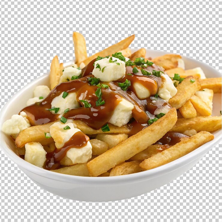 PSD poutine sobre un fondo blanco