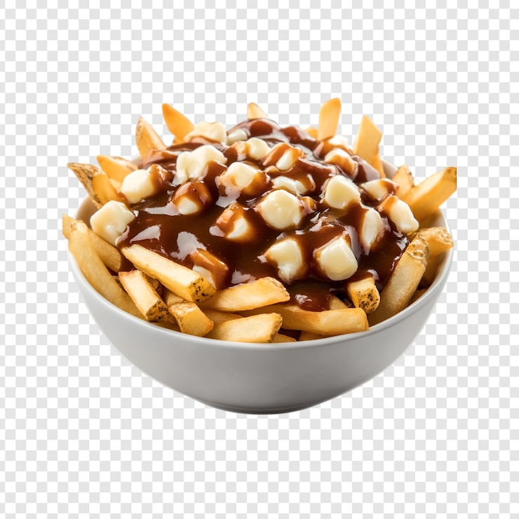 PSD poutine tradicional en un cuenco aislado sobre un fondo transparente