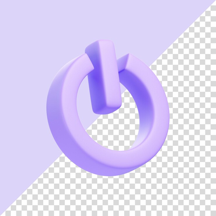 PSD power off purple button isolated on purple background 3d icon sign and symbol 3d render illustration