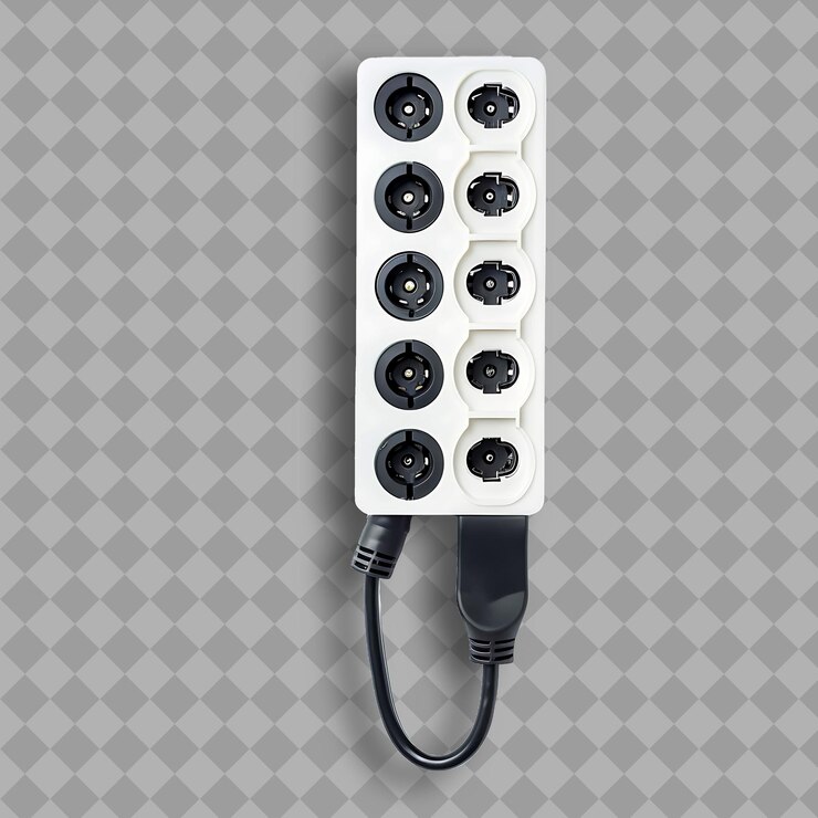 PSD power strip con cuerpo de plástico blanco y color negro una herramienta u herramienta png en fondo limpio
