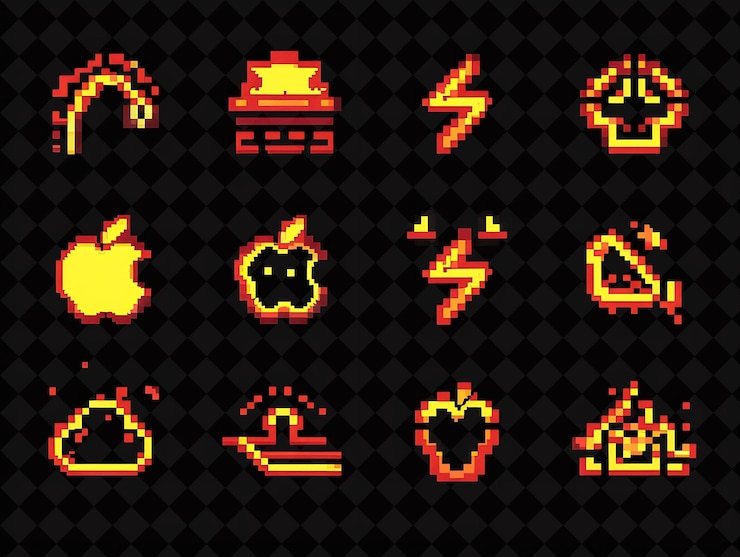 PSD power up apple 8 bit pixel con fulmini e fiamme w y2k shape neon color art collections