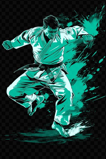 PSD practicante de judo ejecutando un lanzamiento con potencia con un diseño cnc de contorno de tinta de t-shirt de contra