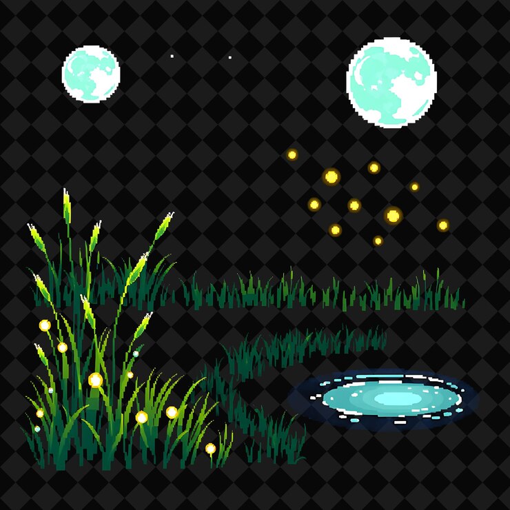 PSD el prado iluminado por la luna, la hierba alta, las luciérnagas brillantes, el estanque sereno, la prada iluminada por la luna es pacífica.